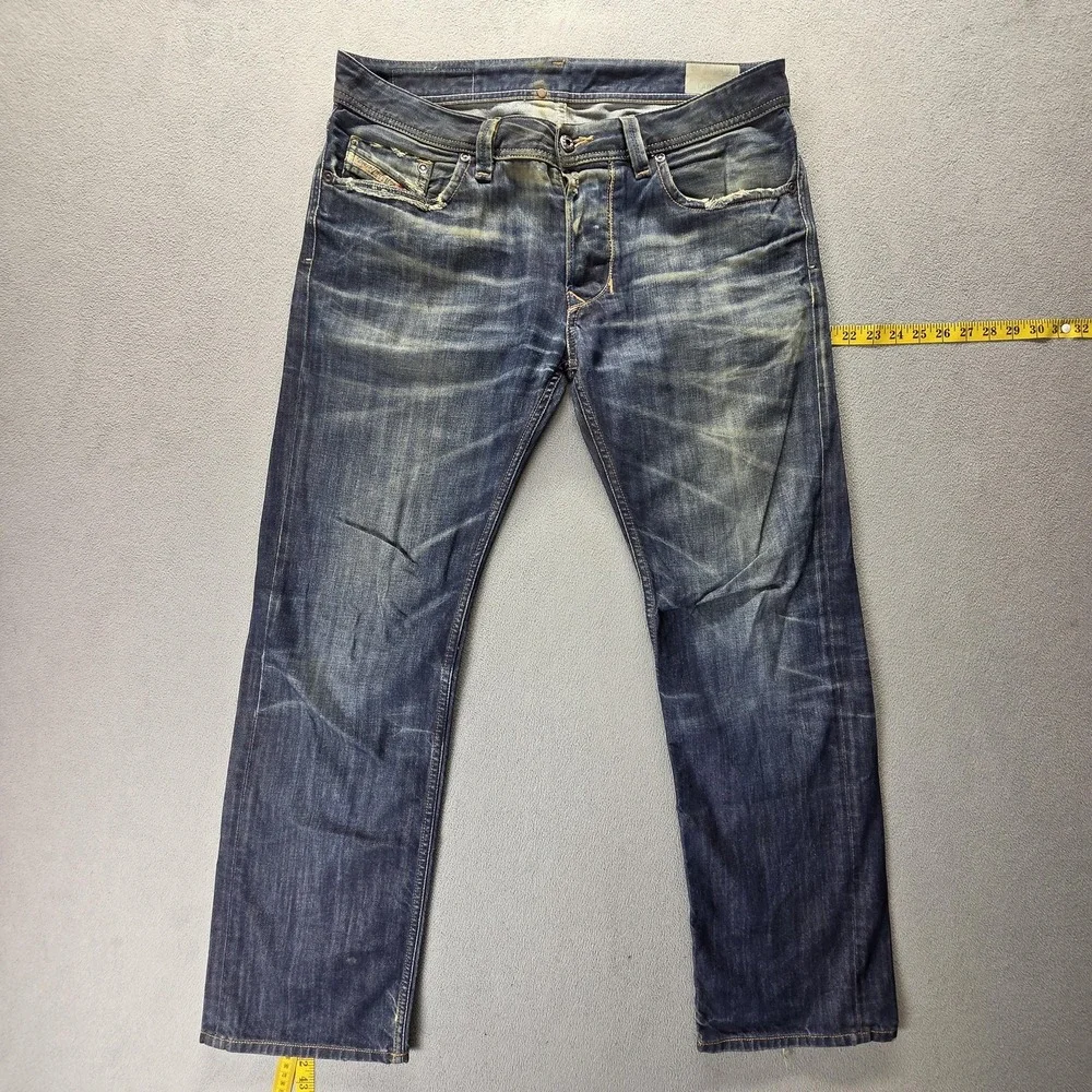 Diesel Jeans Mens 32x32 Blue Larkee Regular Straight Distressed Button Fly 0806W